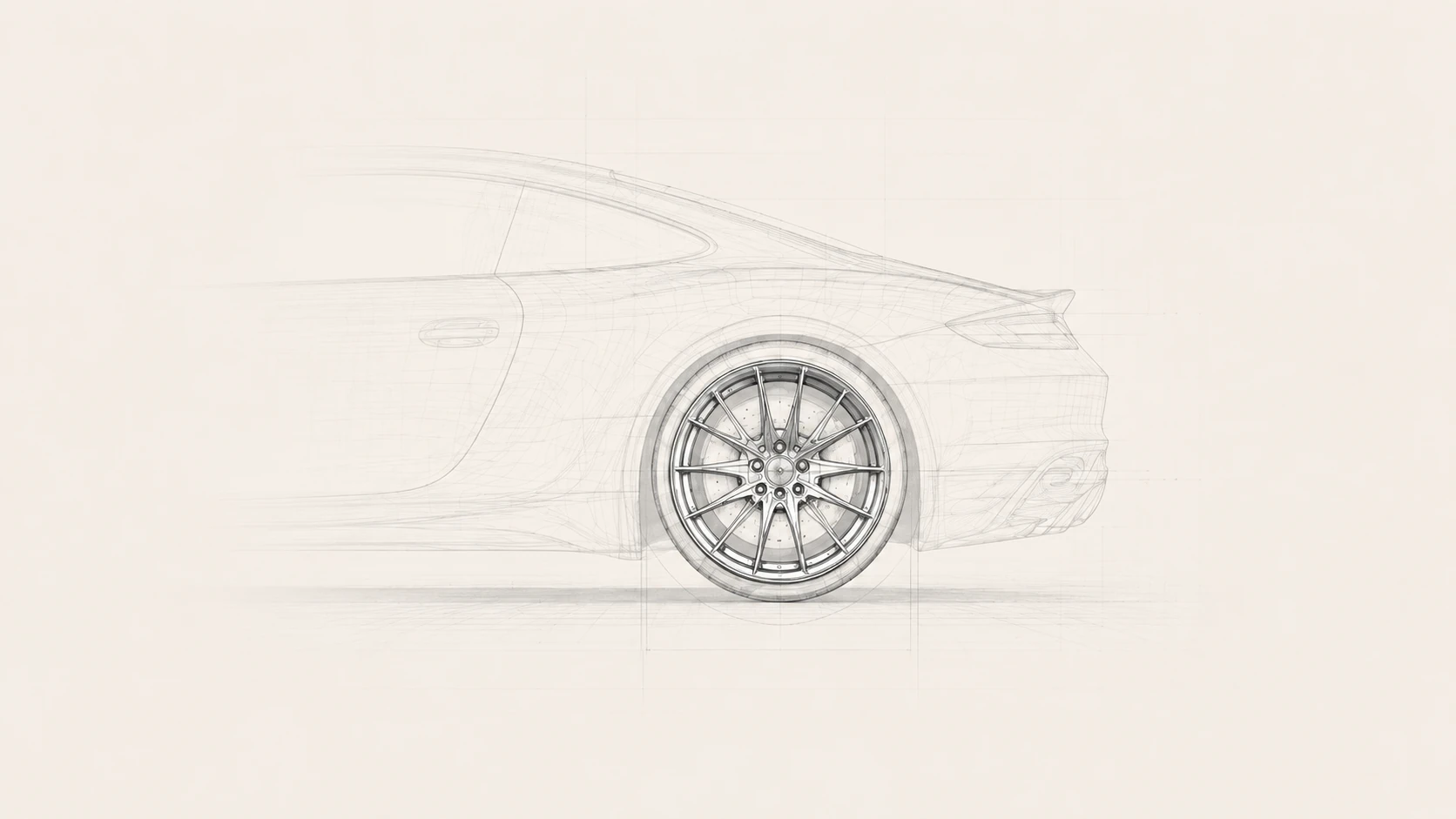 LSW model-specific wheel engineering sketch, showing the rear body, wheel arches and forged wheels of the sports car