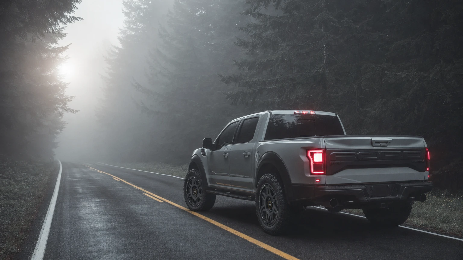 Grey Ford F-150 Raptor with black LSW forged off-road wheels on a misty forest road